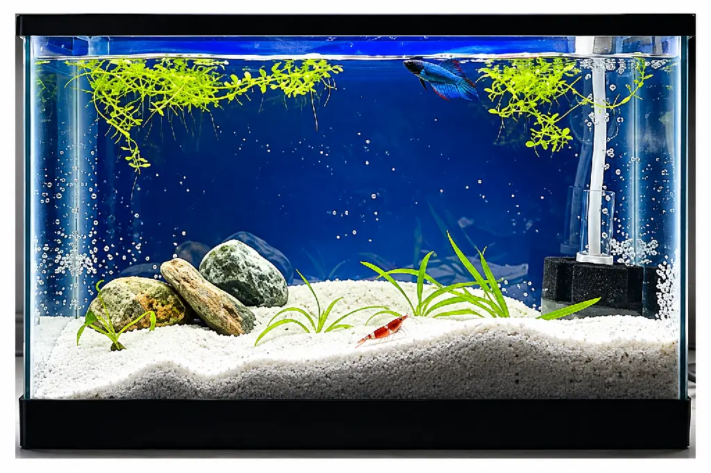 Vibrant Blue Aquarium with Betta and Shrimp.webp